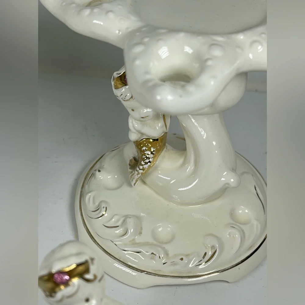 Vintage Napco Princess mermaid all ceramic 3 piece bathroom set Mid century RARE